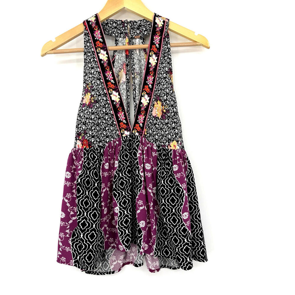 NWT Free People Dream Darlin Black Purple Flowy Bohemian Babydoll Top Size S $68